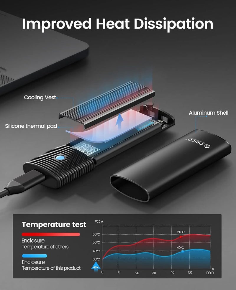 Orico M.2 NVMe SATA SSD Enclosure Adapter Tool-Free, USB C 3.2 Gen 2 10Gbps NVMe, 5Gbps NGFF SATA PCIe M-Key(B+M Key) 2230/2242/2260/2280, Aluminum External M2 Reader Support UASP Trim- BK(G2A) - Image 3